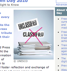 UNESCO's copyrighted graphic for World Press Freedom Day UNESCO's copyrighted graphic for World Press Freedom Day (depicting a stack of documents, the word "classified" crossed out, and the word "unclassified" appearing above)