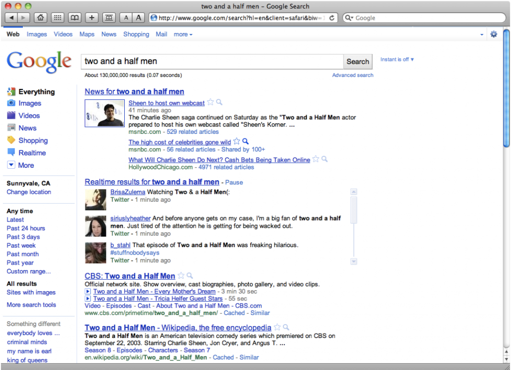 google_realtime_20110305 window grab showing Google's realtime search results coming up in regular search query