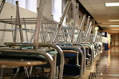 Stacked desks and chairs at Fisk Hall, Medill School of Journalism, Northwestern University