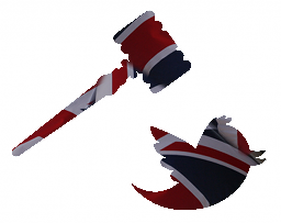 Gavel coming down on twitter bird, combined with British flag